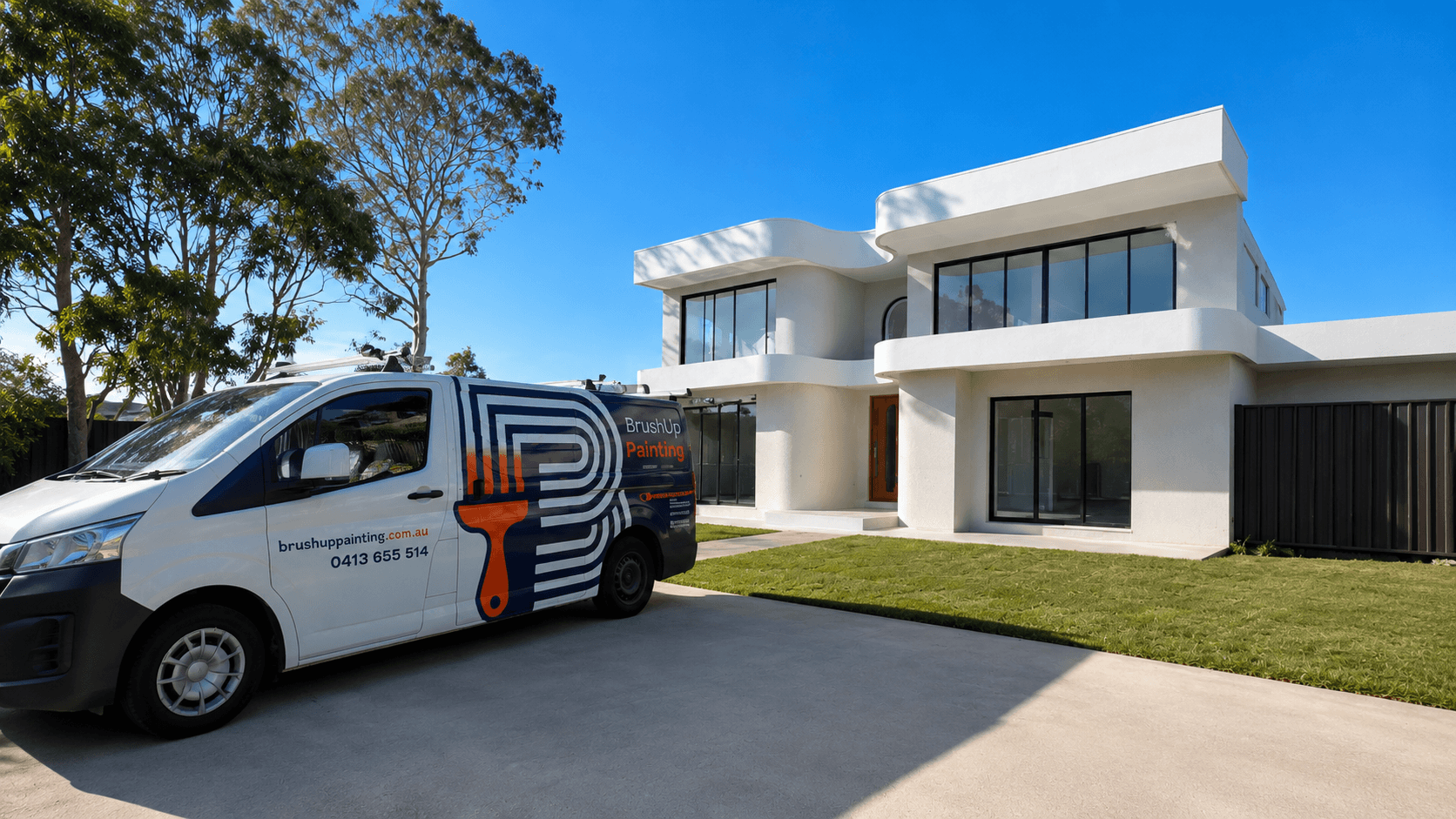 BrushUp Painting van outside a freshly painted white home in Sydney