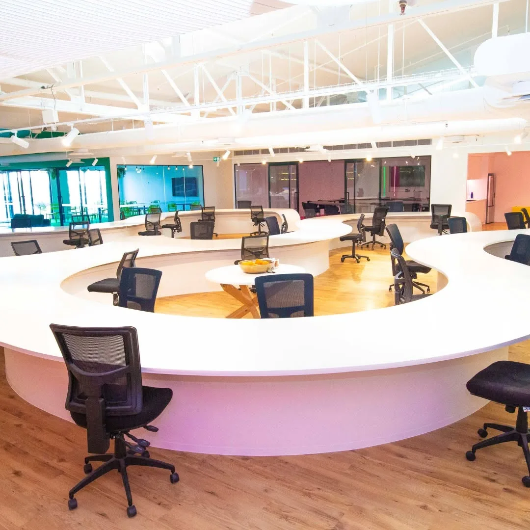 Commercial repaint, curved workstation pods and white ceiling, Sydney