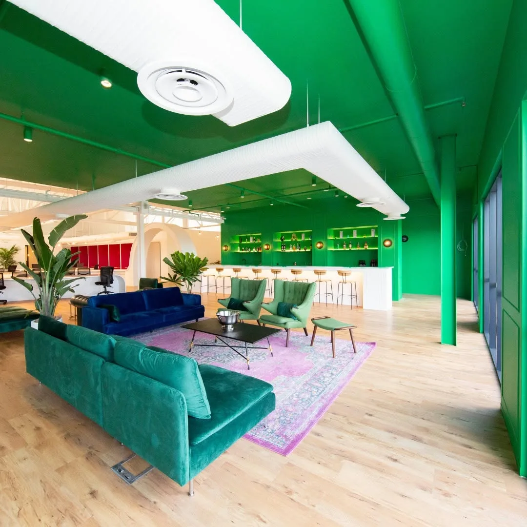 Commercial repaint, office breakout lounge and bar in full green, Sydney