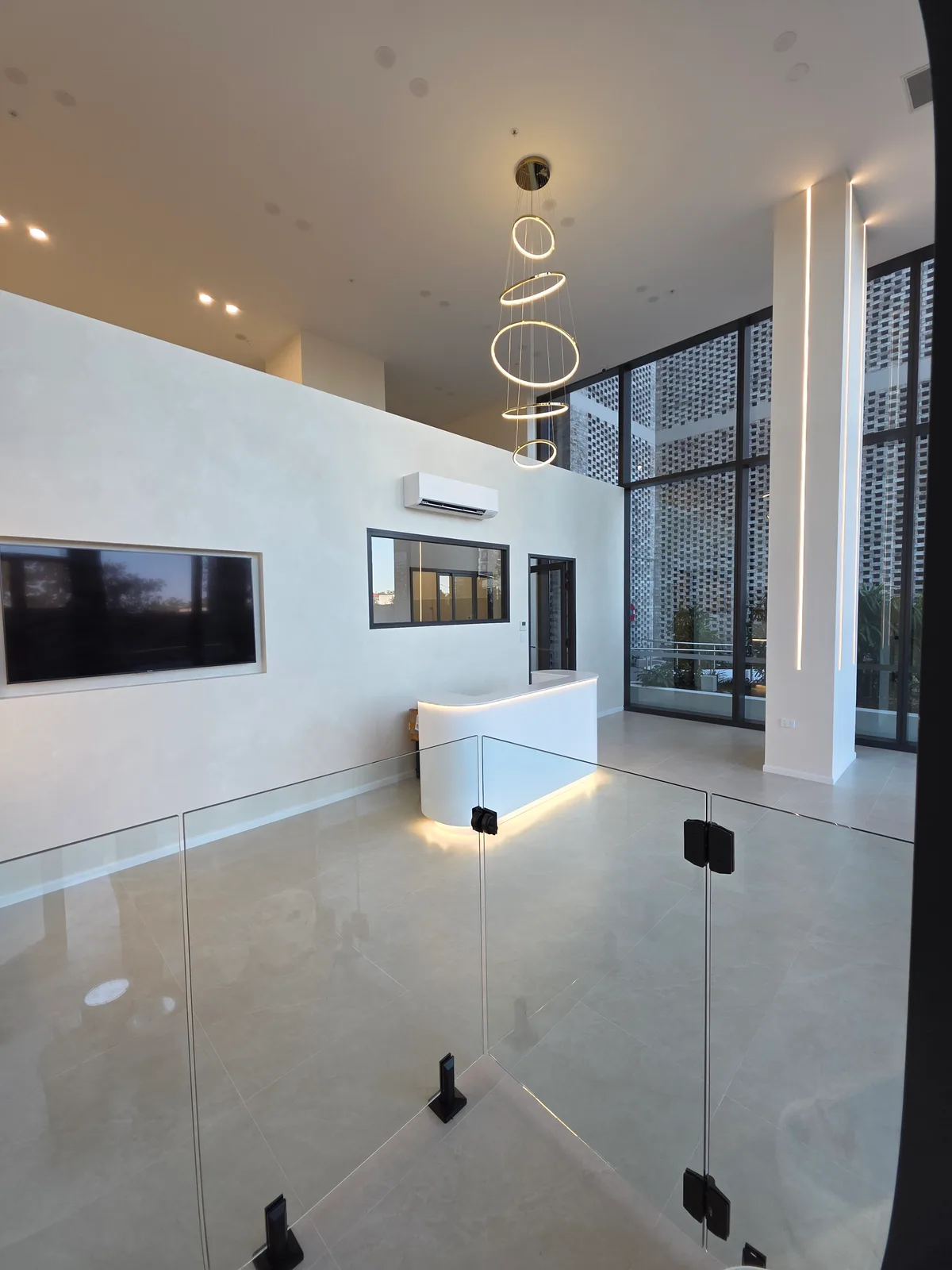 Commercial repaint, pet grooming salon reception counter under ring pendants, Sydney