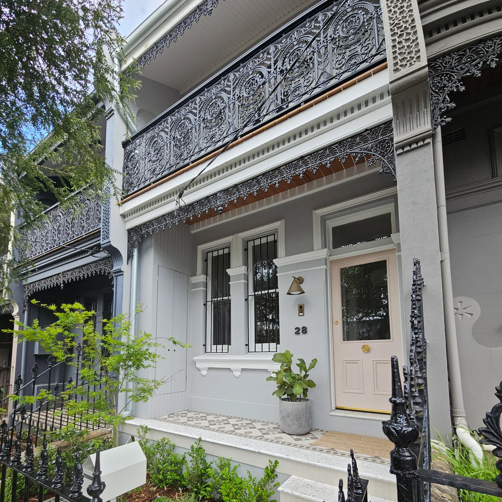 Exterior repaint, heritage terrace facade and lacework in grey, Sydney