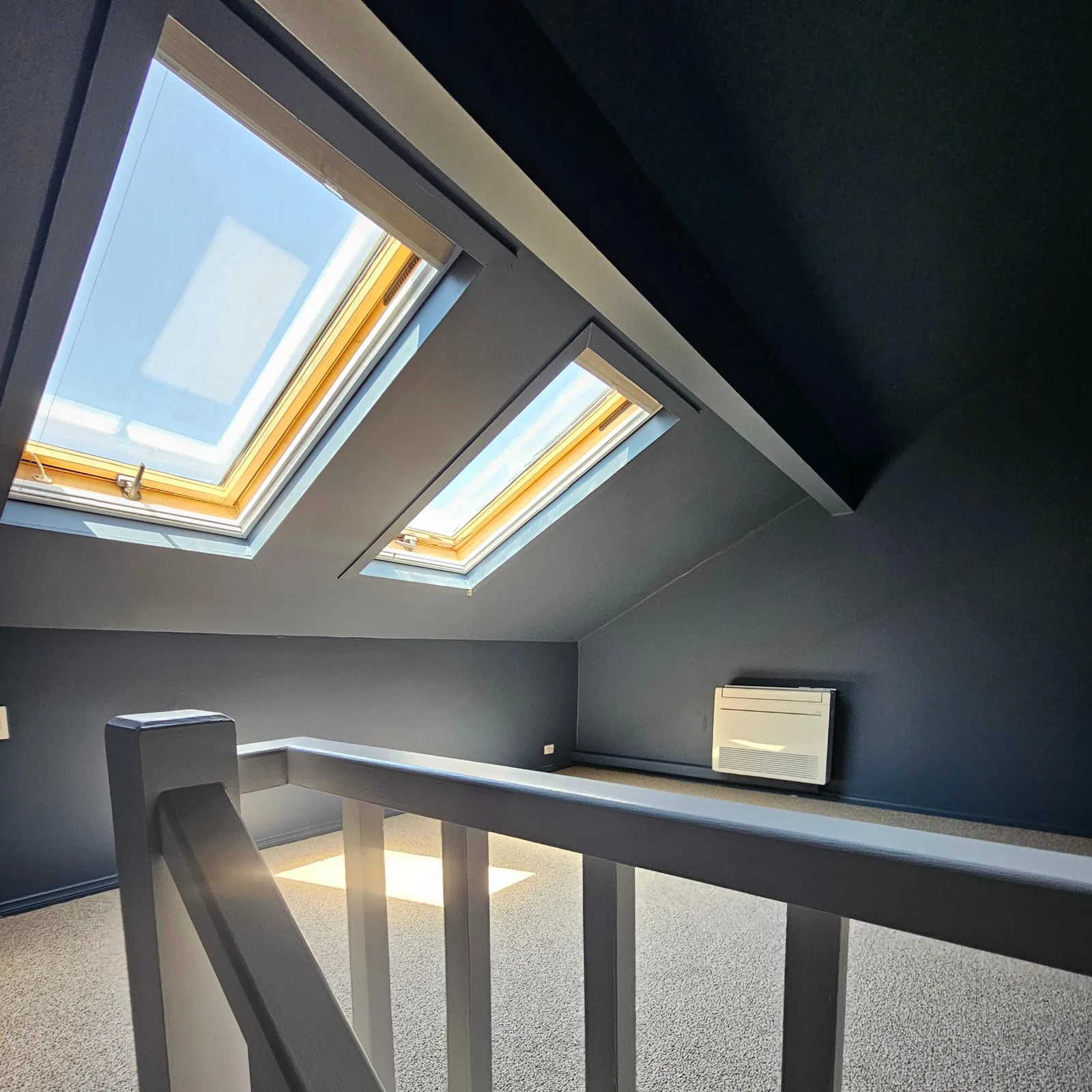 Interior repaint, attic room in navy with skylights, Sydney