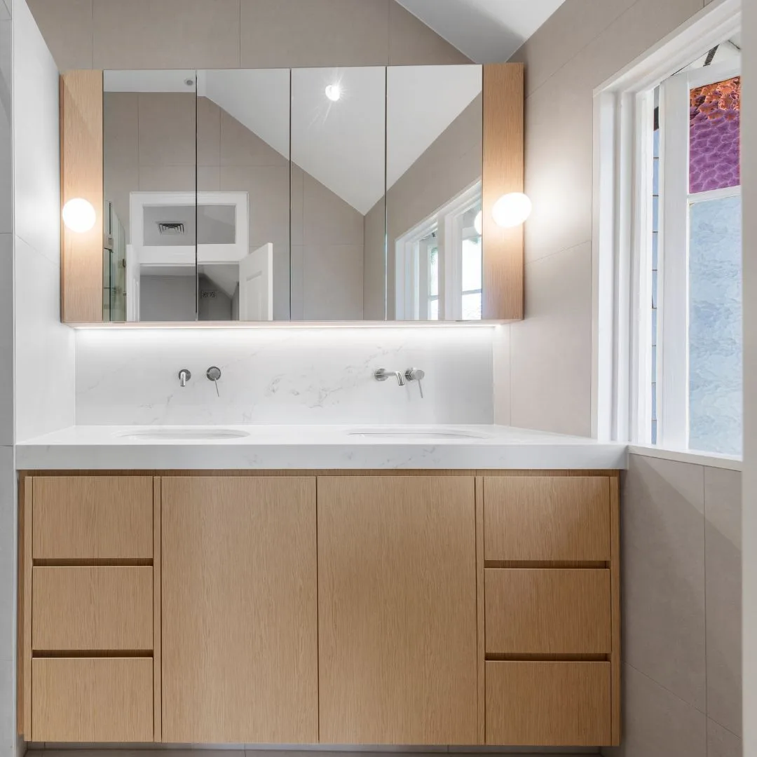Interior repaint, bathroom with oak double vanity, Sydney