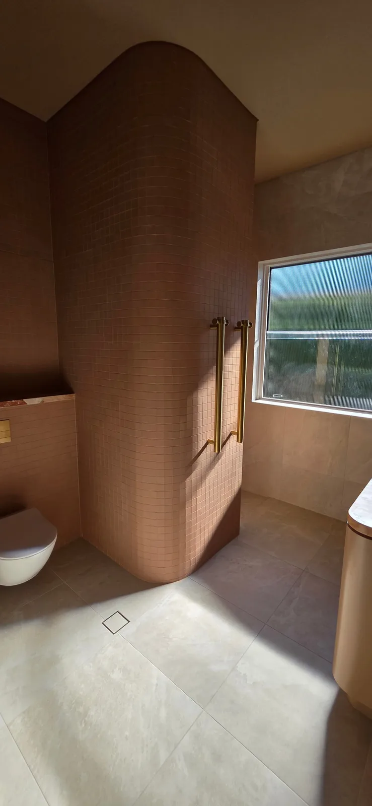 Interior repaint, bathroom with curved terracotta mosaic shower wall and brass rails, Sydney