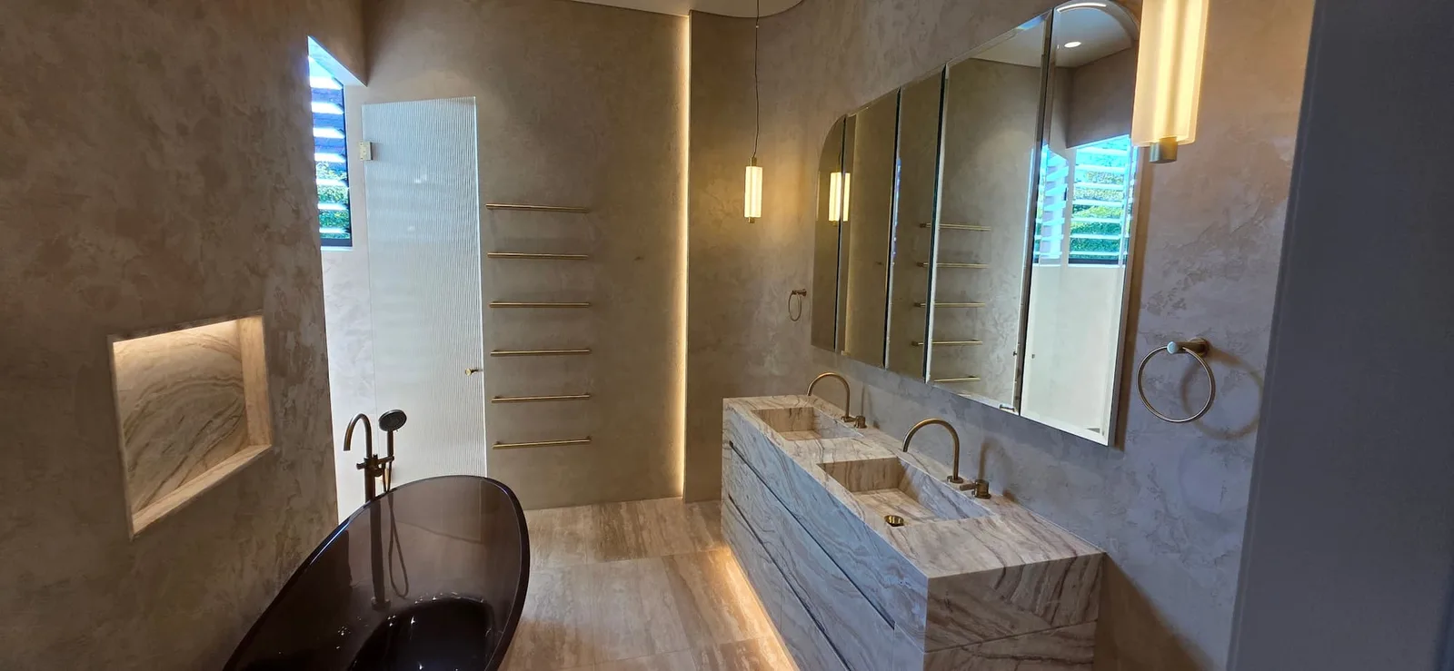 Interior repaint, travertine bathroom with freestanding bath and stone vanity, Sydney