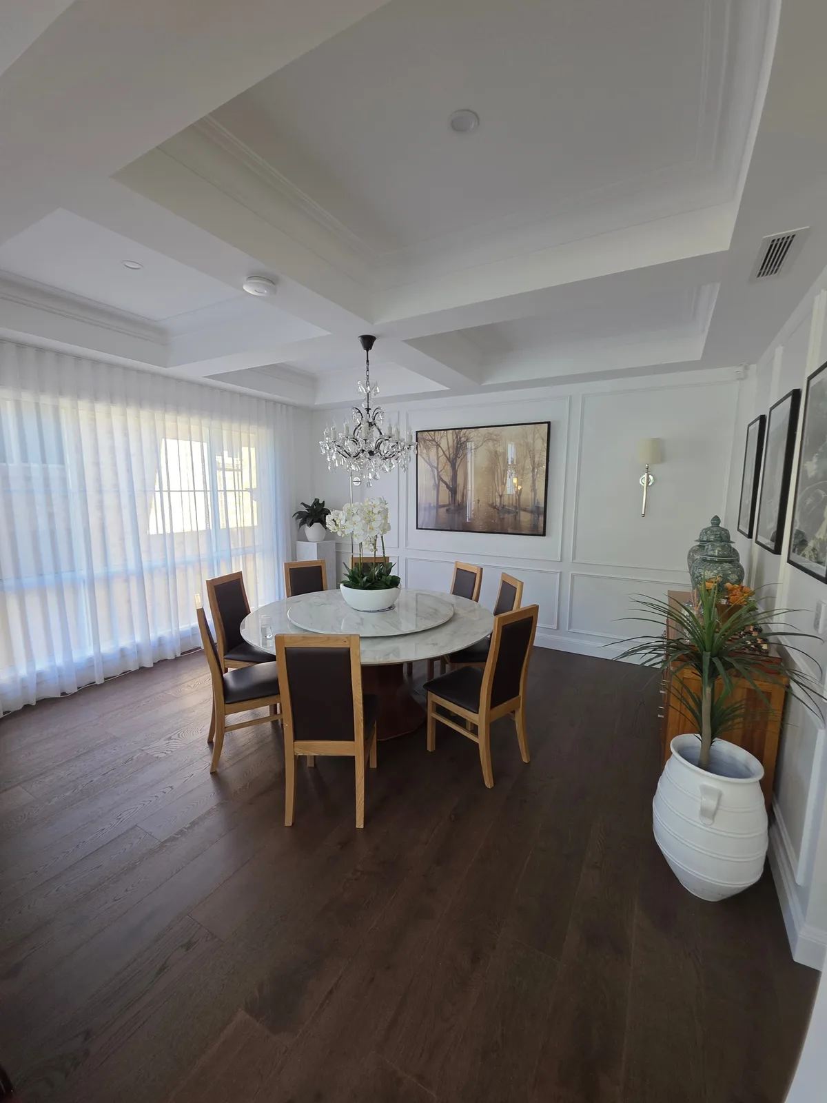 Interior repaint, formal dining room with coffered ceiling and round marble table, Sydney