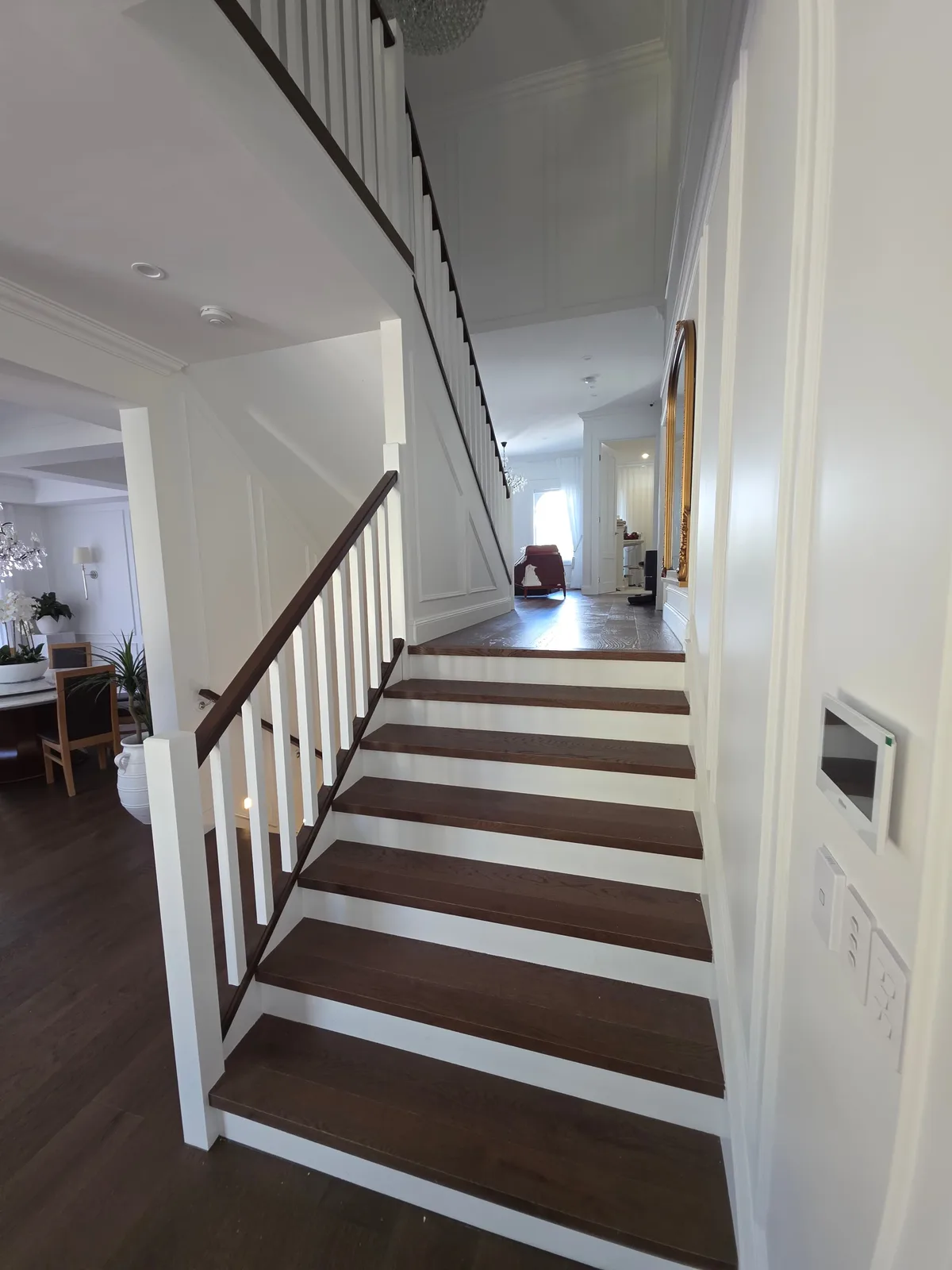 Interior repaint, white balustrade stair with dark handrail beside the dining room, Sydney