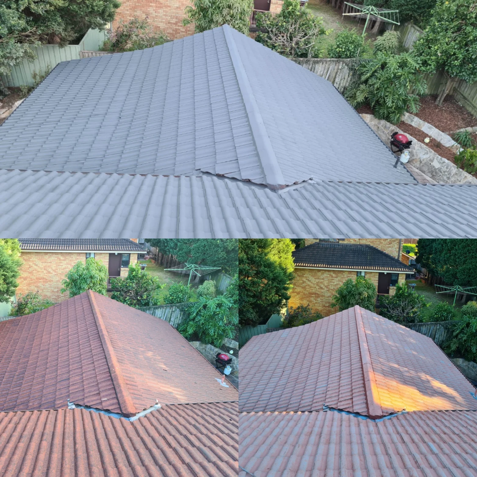 Roof painting, faded tile roof before and after recoating, Sydney